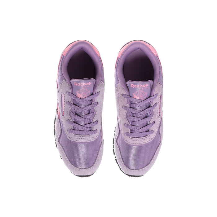 Kids' purple sneakers with laced front and Reebok logo inside heel