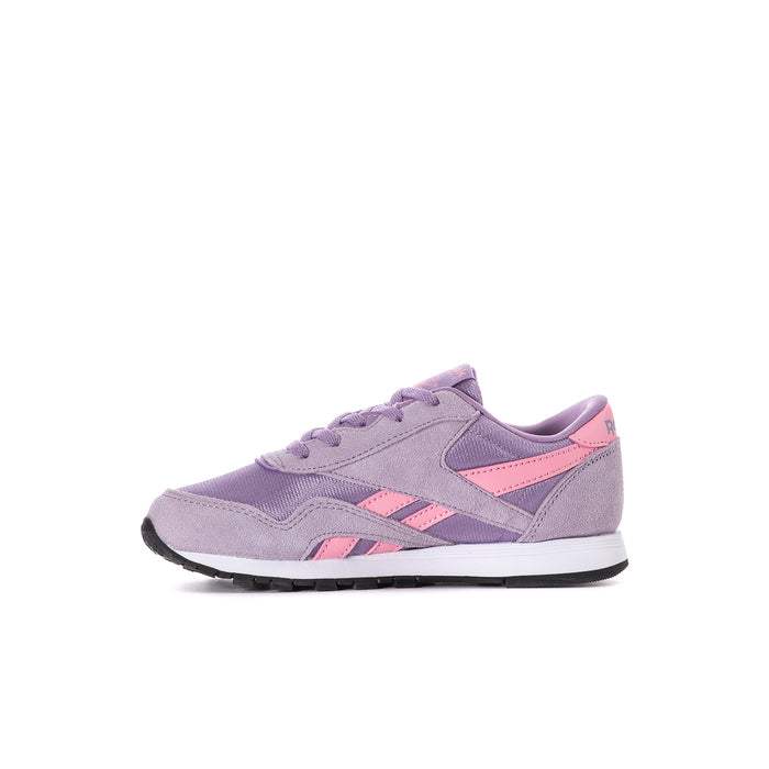 Kids' purple lace-up sneakers with pink-and-gray side panels and low-profile sole