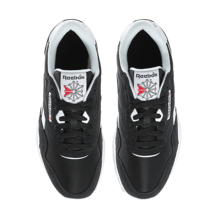 Men's black Reebok sneakers, front lace-up view with logo tongue
