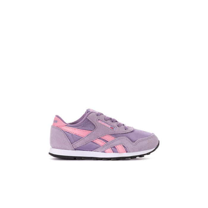 Toddler purple low-top Reebok sneaker with pink accents and lace-up design