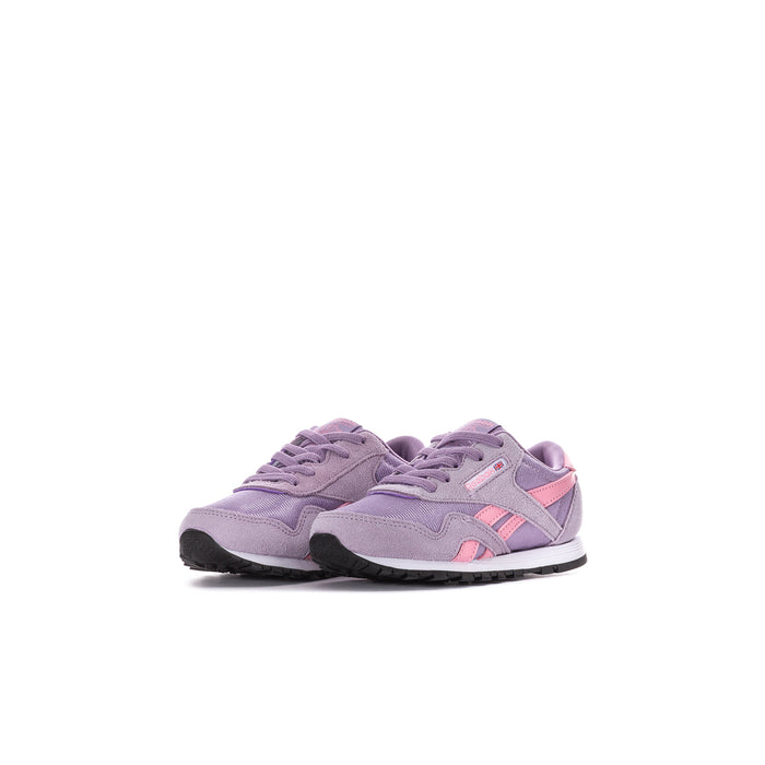Toddler purple low-top Reebok sneaker, side view with pink quarter panels