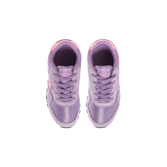 Toddler purple Reebok sneaker pair with padded collar and lace-up front