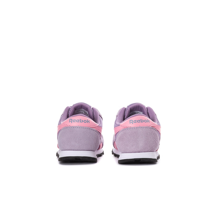 Toddler purple Reebok sneaker with rear pull tab and pink heel stripe