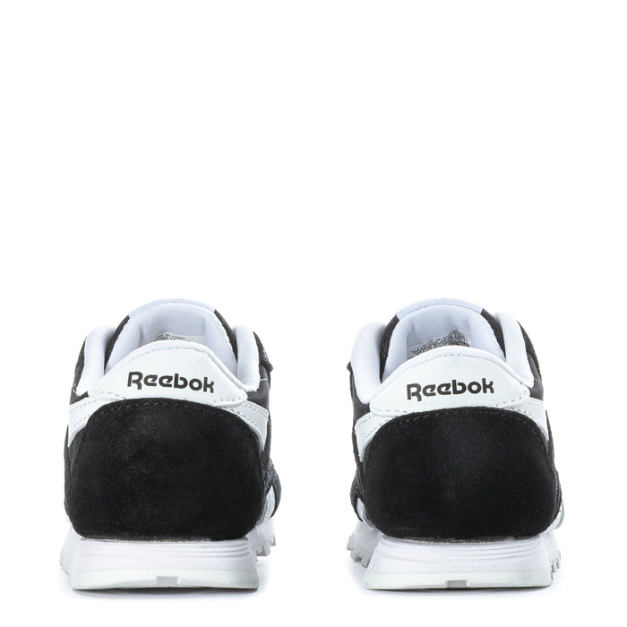 Toddler Reebok sneakers, back view with black heel panels and white sole