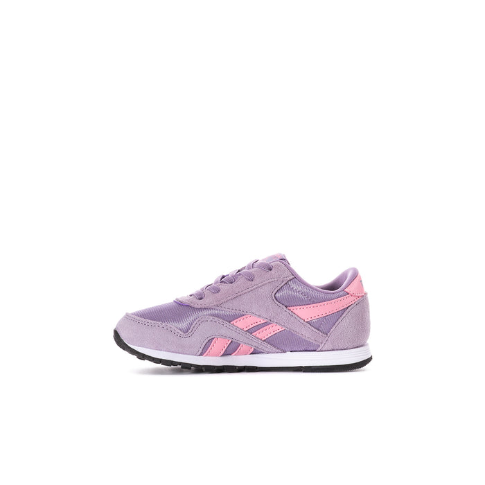 Toddler purple low-top Reebok sneaker, angled front view with pink details