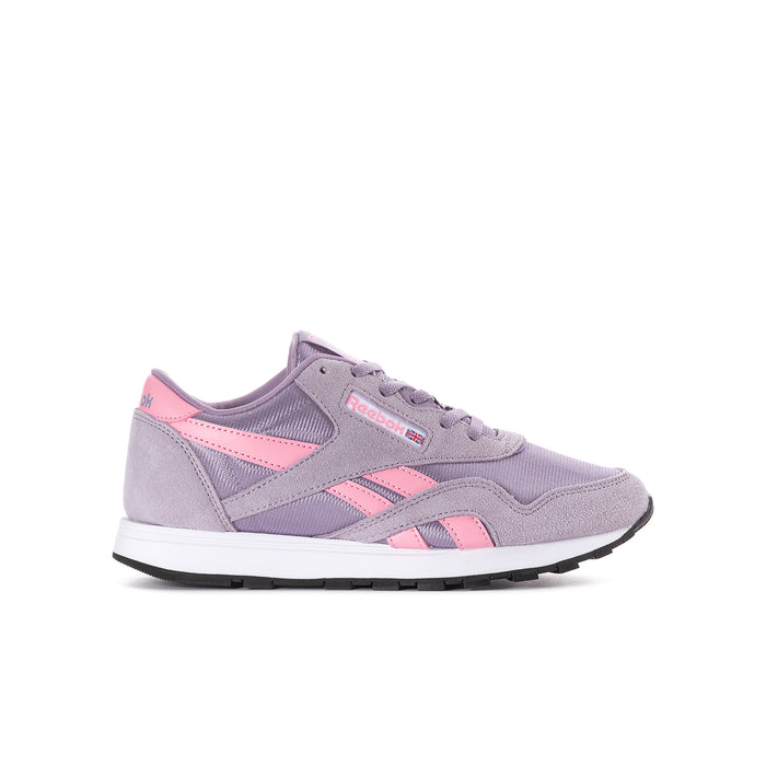 Youth lilac sneaker with pink side stripes and lace-up front, white midsole