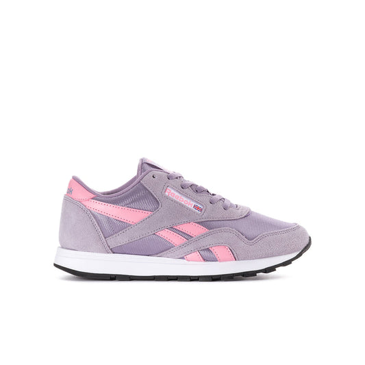 Youth lilac sneaker with pink side stripes and lace-up front, white midsole
