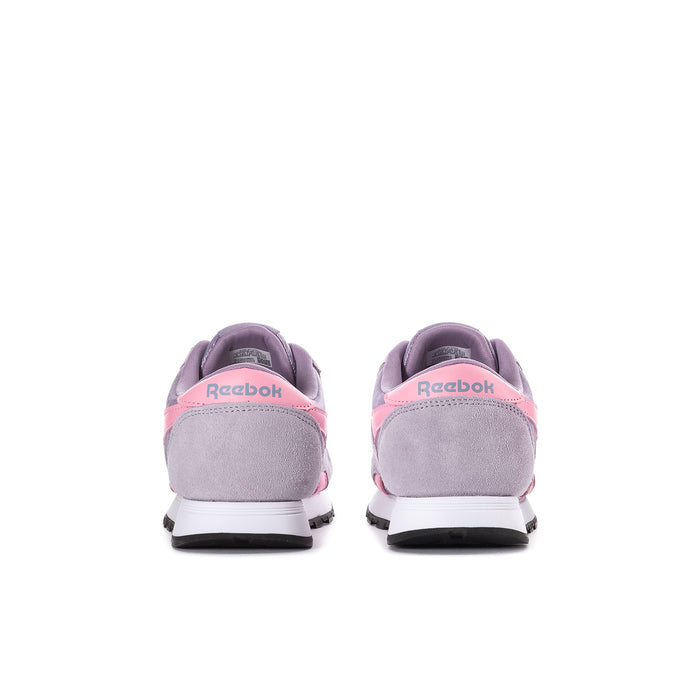 Youth lilac sneakers back view with pink heel tab and white sole