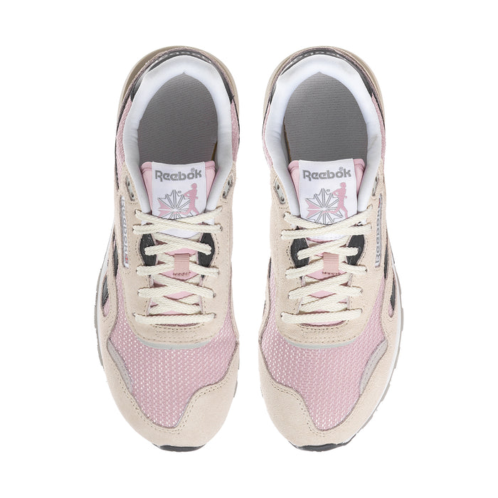 Women's Reebok lace-up sneakers, pink-and-beige uppers with Reebok logo on tongue