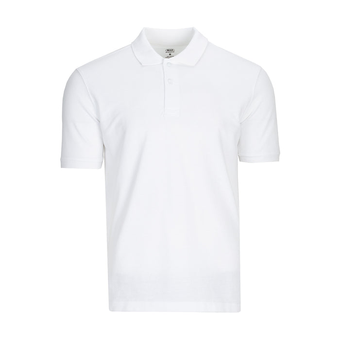 Men's white pique polo shirt with ribbed collar and button placket, short sleeves