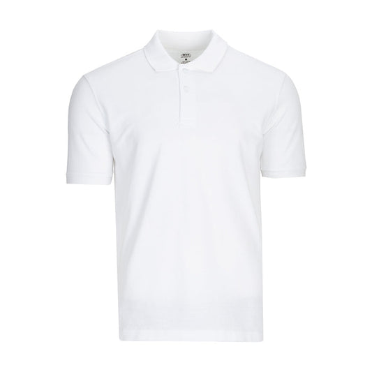 Men's white pique polo shirt with ribbed collar and button placket, short sleeves