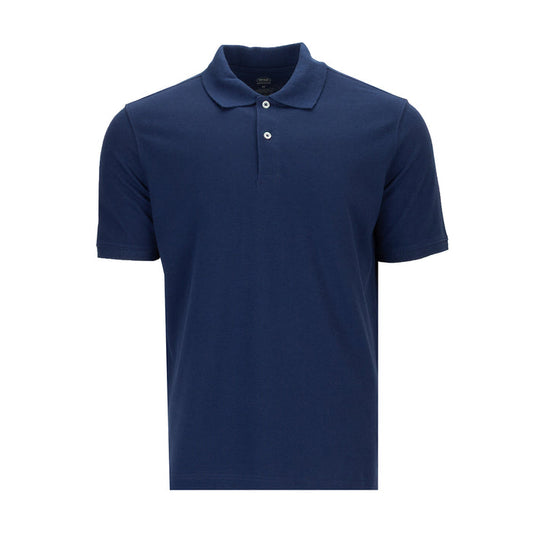 Men's pique polo shirt, deep navy blue, short sleeves, two-button placket, collar
