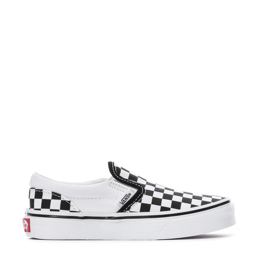 Kids slip-on sneakers, white with black checkerboard, Vans side logo