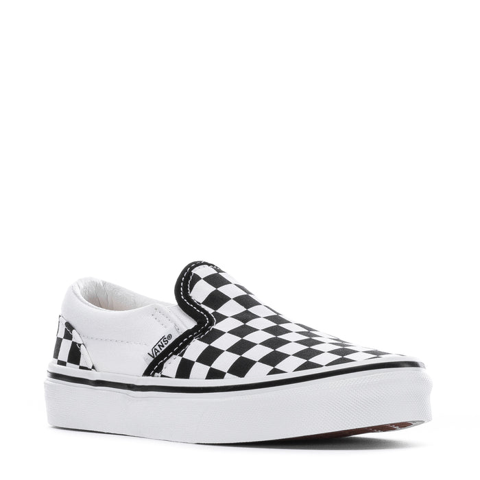 Kids slip-on sneakers, black-and-white checkerboard upper, low profile