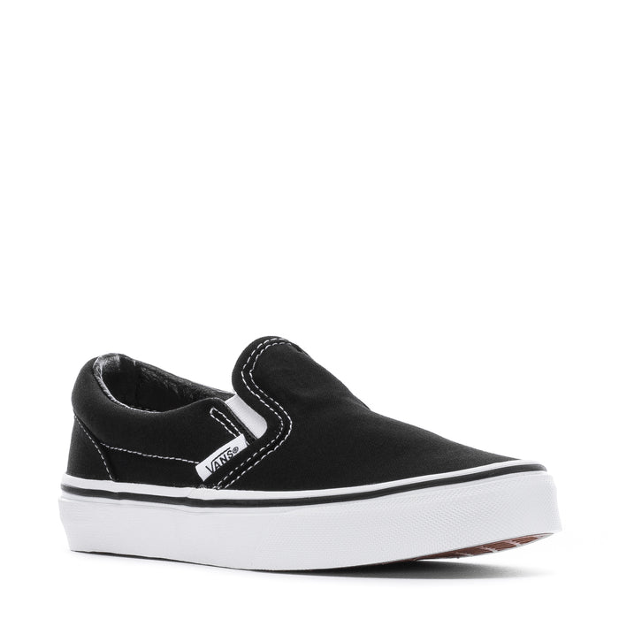 Kids black slip-on sneaker with stitched detailing, white midsole and side stripe