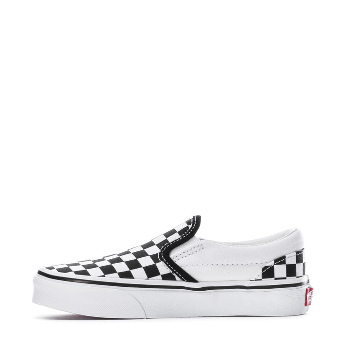 Kids slip-on sneakers, checkerboard print side and toe, white sole