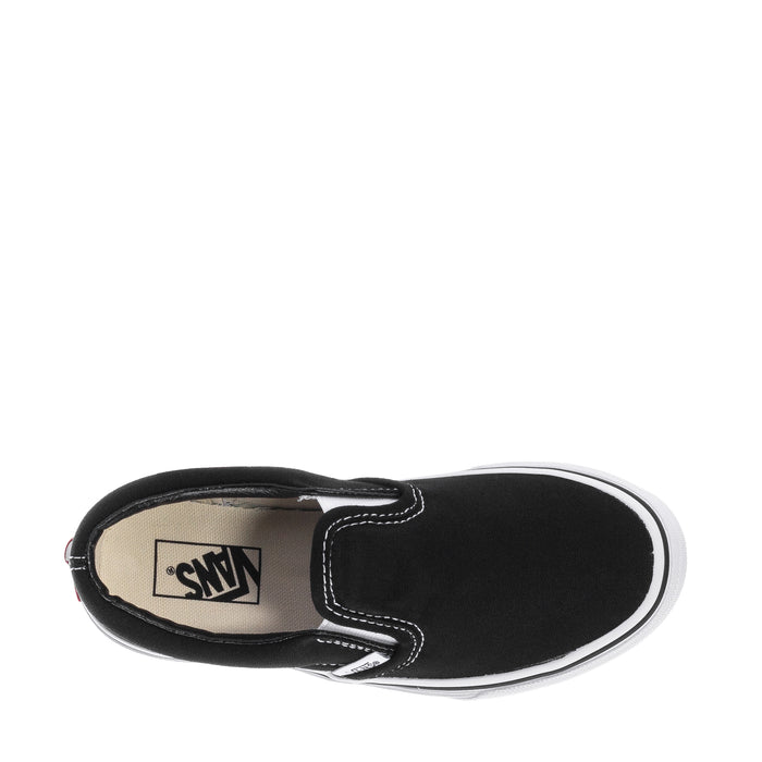 Kids black slip-on sneaker with Vans logo on tan lining, white sole trim