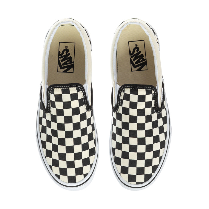Vans slip-on shoes with black and white checkerboard canvas and logo in the insole