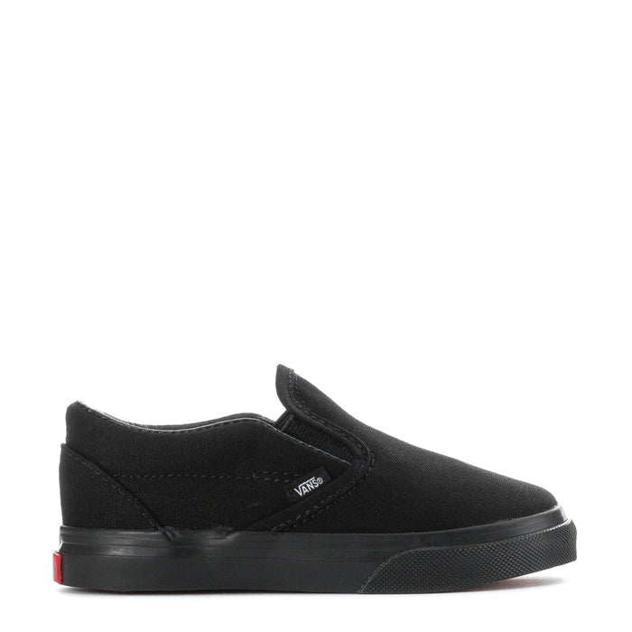 Black toddler slip-on sneakers with side logo and low-profile rubber sole