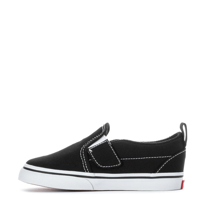 Black toddler slip-on sneaker with top strap detail and white midsole