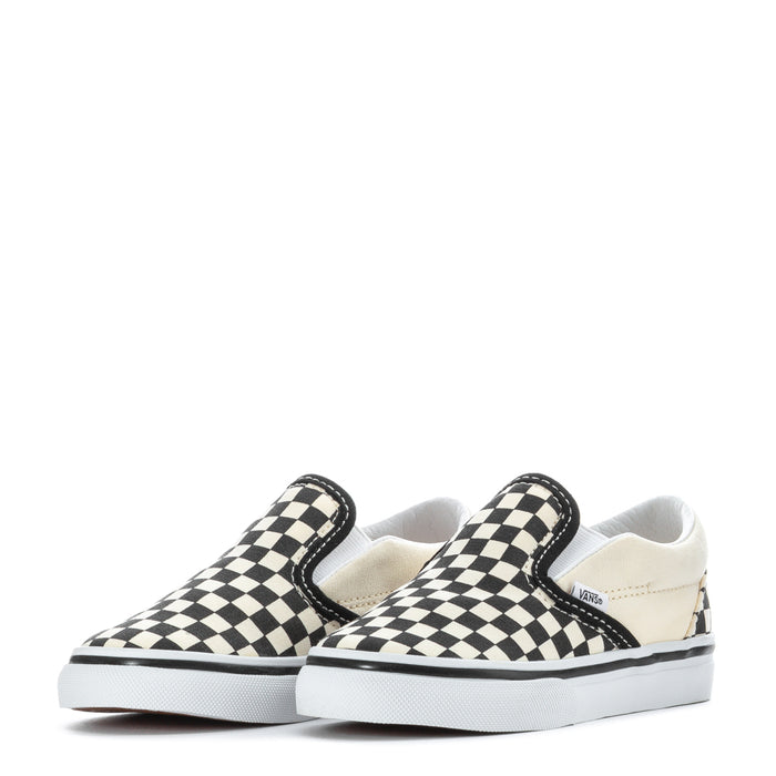 Toddler slip-on sneakers pair, checkerboard pattern with white sole