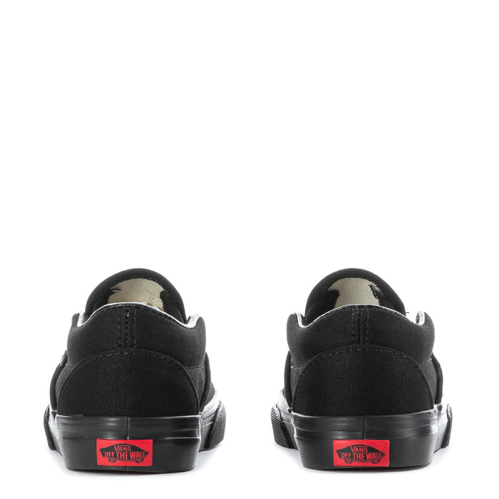 Black toddler slip-on sneakers showing heel branding and rubber cup sole