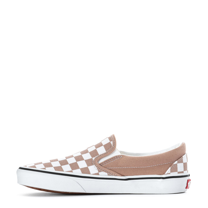 Women's slip-on sneaker, side view, warm taupe and white checkerboard upper