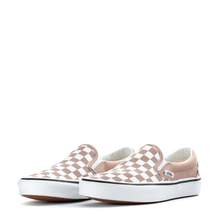 Women's slip-on sneaker pair front view, warm taupe/white checkerboard pattern