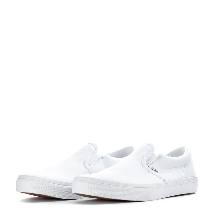 Youth white slip-on sneakers, pair view with elastic goring and padded openings