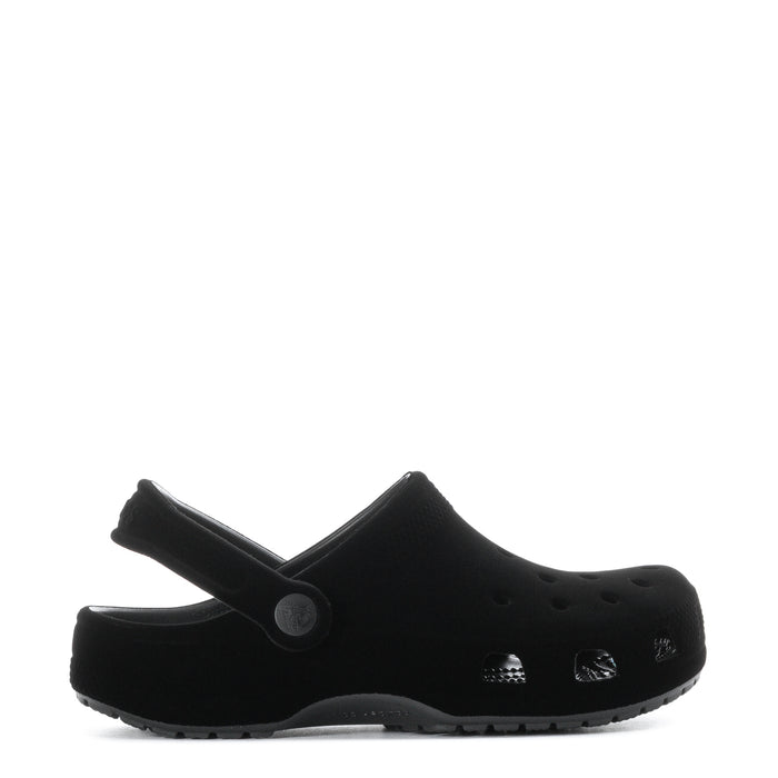 Youth black velvet clog with strap, perforations, and chunky tread