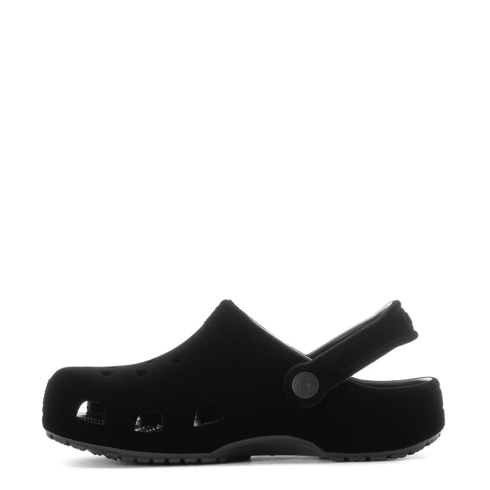 Youth black velvet clog with side strap and cutout ventilation holes