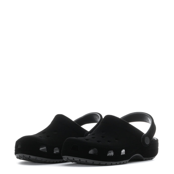 Pair of youth black clogs with heel strap and vented toe design