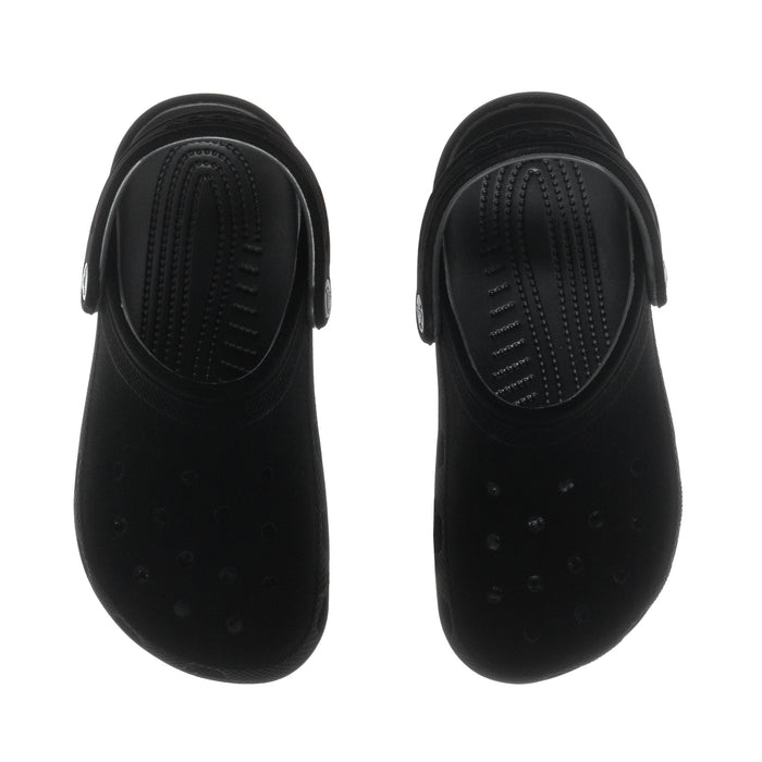 Youth black clogs back view with adjustable heel strap and embossed vents
