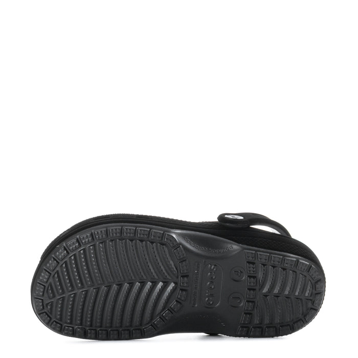 Youth black clog outsole with tread pattern and molded logo details