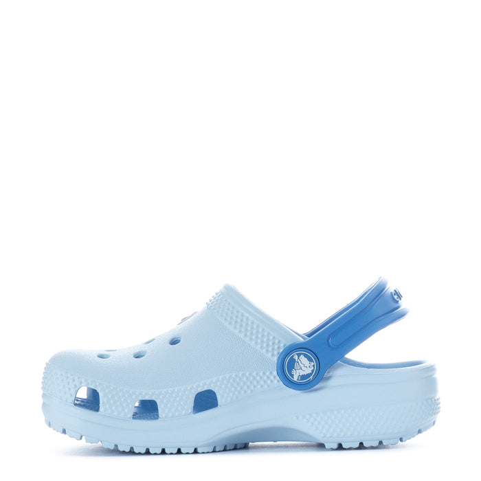 Light purple toddler clog with blue heel strap and perforated holes, side view