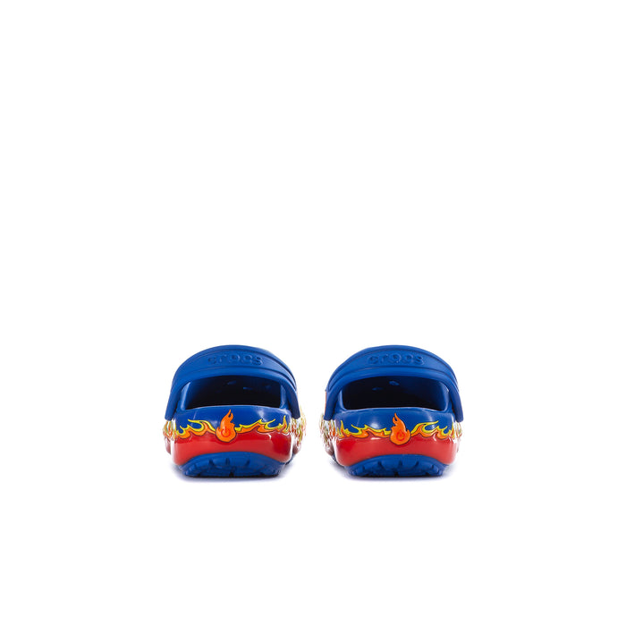 Toddler blue clogs, back view with flame graphic on heel