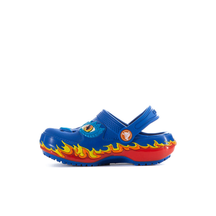 Toddler blue clogs with flame side panel and hook-and-loop strap