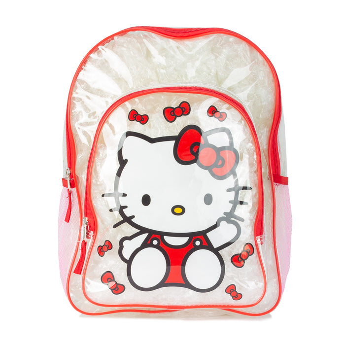 Transparent red-trim Hello Kitty backpack with front character face print and zip closure