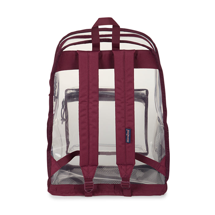 Jansport clear backpack with maroon back straps and padded bottom panel
