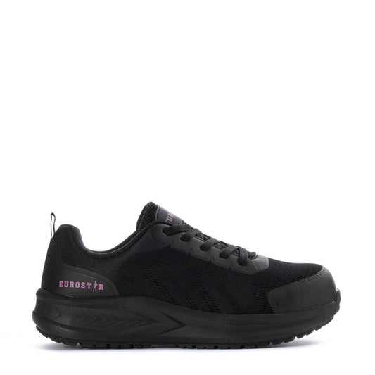 Women’s black steel-toe lace-up sneaker with berry logo, textured upper, rubber sole