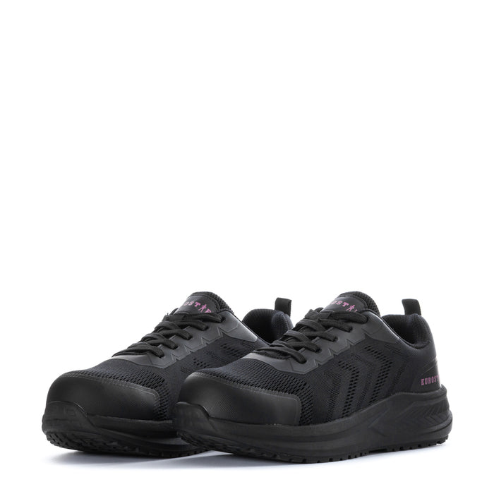 Women’s black steel-toe sneakers, front view, lace-up with textured upper panels