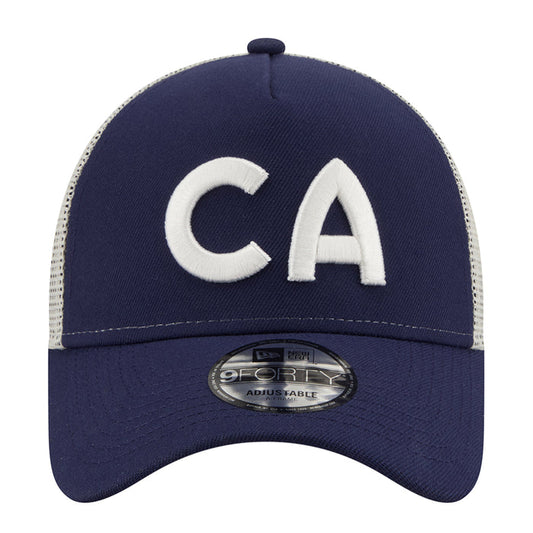 Navy A-frame trucker cap with white CA logo and adjustable back strap
