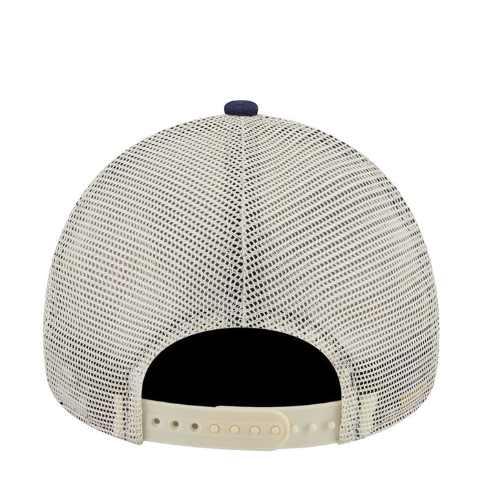 White mesh trucker cap back with navy top and black inner panel