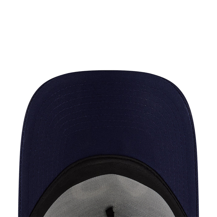 Navy trucker cap interior view with black brim edge detail