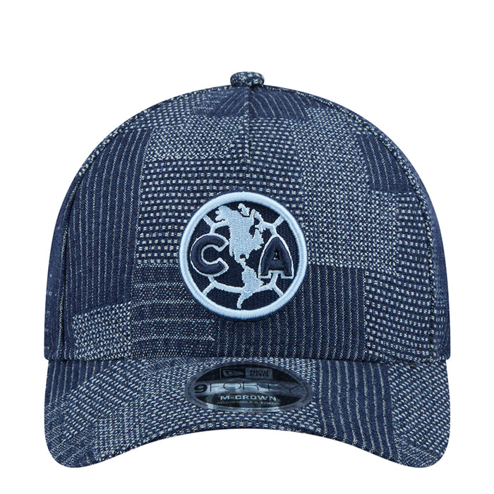 Denim A-frame baseball cap with Club America crest patch, dark blue patterned panels