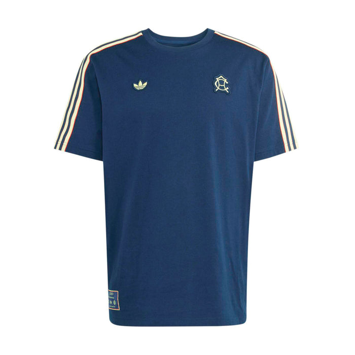 Men's navy icon T-shirt with gold shoulder stripes and small front chest logos