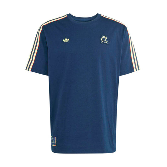 Men's navy icon T-shirt with gold shoulder stripes and small front chest logos