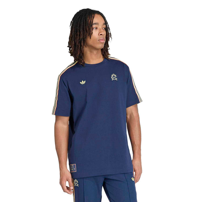 Men's navy icon T-shirt with gold trim shoulder stripes and front chest logos