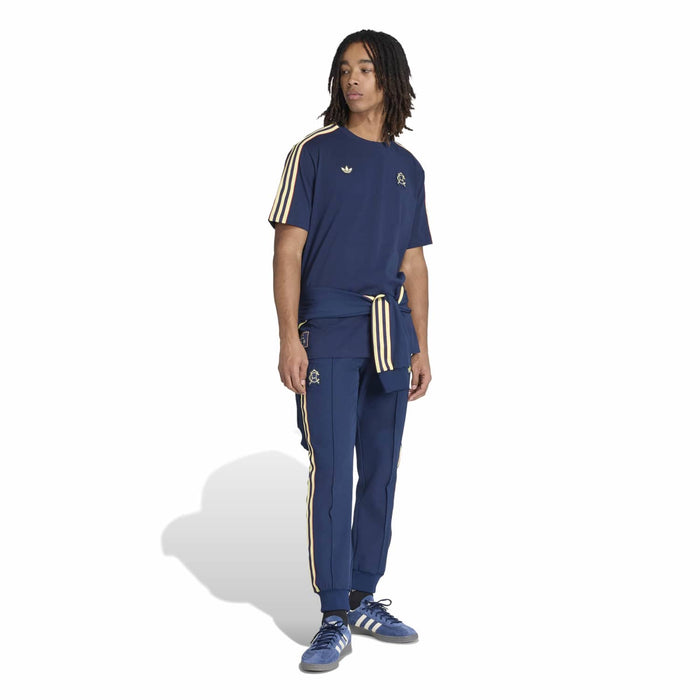 Men's navy icon T-shirt with gold shoulder stripes and small left chest logo