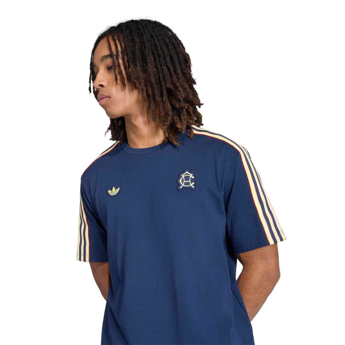 Men's navy icon T-shirt with gold shoulder stripes and chest logos on front